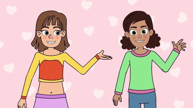 2D animation portrait of two young women gesturing and waving hands together friendly chat pink hearts background