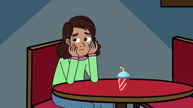 2D animation of a sad young woman sitting alone at a restaurant table with a drink looking depressed night scene