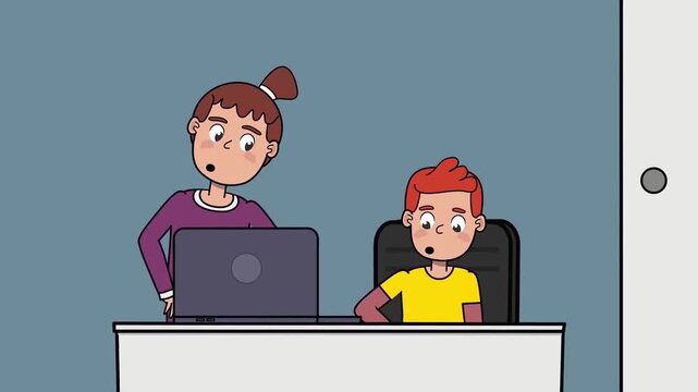 2D animation of a mother helping her young son use a laptop computer at a white desk home education concept