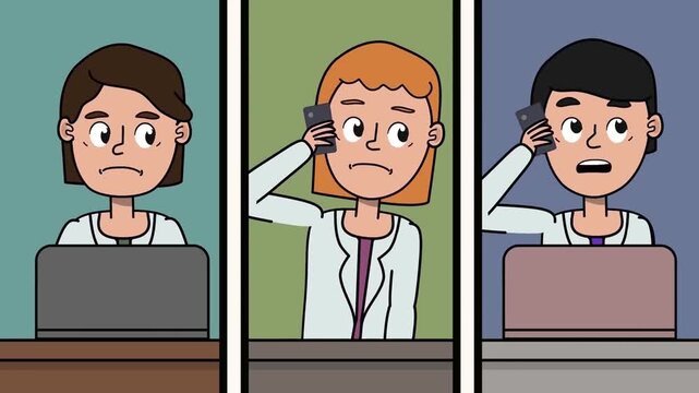 2D animation split screen of three office employees talking on phone calls while working on laptops call center