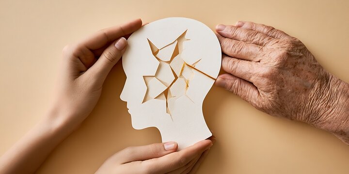 Caregiver supporting elderly relative with alzheimers, hands holding paper head silhouette, memory care concept