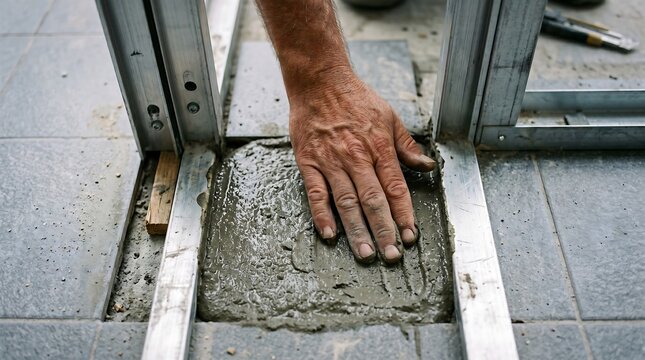 Hand Smoothing Wet Concrete Patch Between Floor Tiles &ndash; Construction Worker Repairing Tile Gap with Fresh Cement Mix, DIY Home Renovation and Flooring Installation Project Close-Up