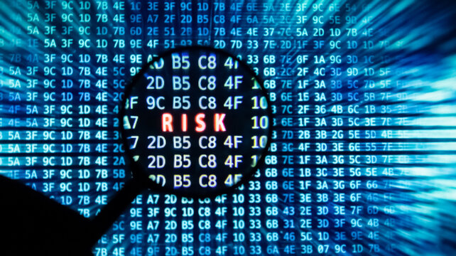 Magnifying glass displaying red risk word against blue background of computer code for vulnerability assessment.