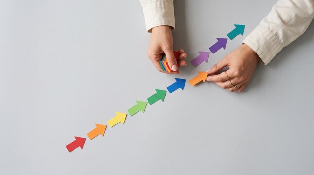 Hands arranging colorful paper arrows in a rising line on grey, business growth strategy, step by step planning, progress direction, success path, team collaboration