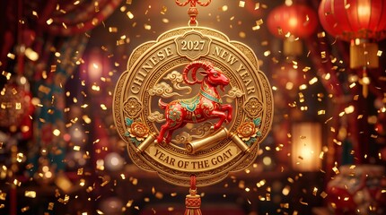 Fototapeta premium A decorative golden medallion featuring a red patterned goat and the text 