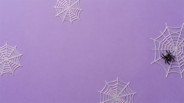 White spider webs scattered on soft purple paper background, plastic arachnid toys, Halloween and autumn seasonal concept, top view flat lay with empty space Halloween