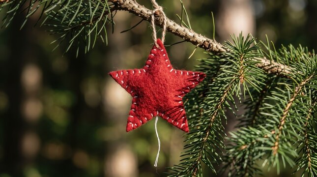 Red hand-stitched felt star hanging on a pine branch in a sunny winter forest. Felt star ornament adds a rustic festive touch to an eco-friendly Christmas or sustainable holiday season theme.