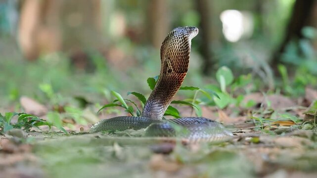 Naja kaouthia or monocled cobra deadly serpent living on a dry leaf in the forestin nature	
