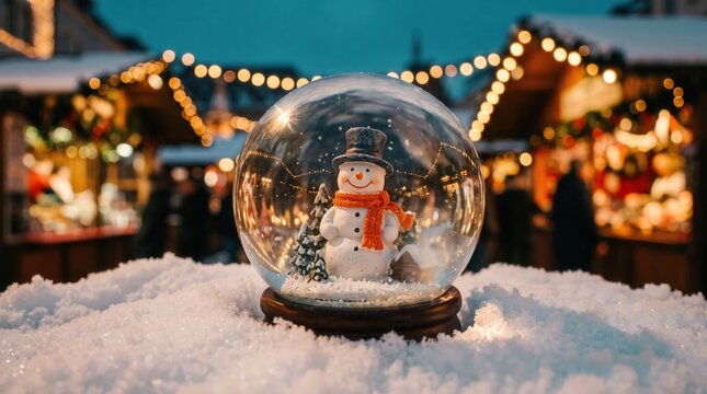 Glass snow globe with miniature snowman sits on white snow at a blurred Christmas market. Snow globe containing tiny winter scene provides festive holiday decoration against warm bokeh light.