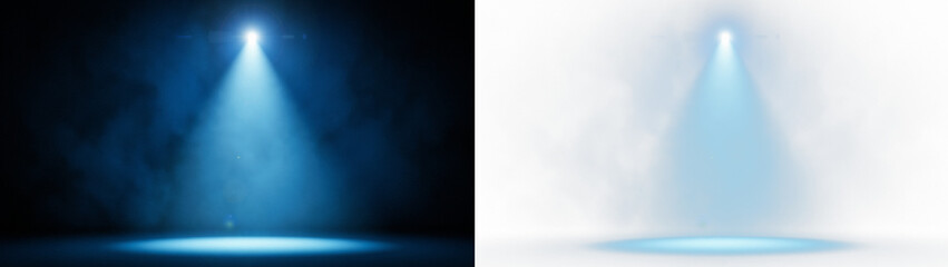 Obraz premium Blue spotlight shining on stage, isolated on transparent background