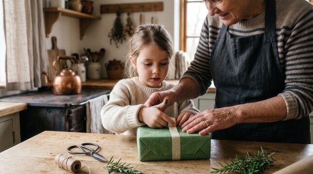 Grandmother and granddaughter wrapping a green gift box on a rustic wooden table. Grandmother and granddaughter prepare a handmade holiday present using sustainable paper and twine.