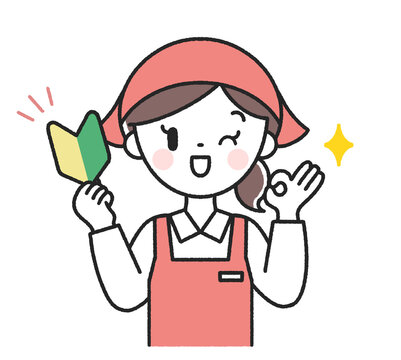 初心者マークを持ったOKポーズの女性店員