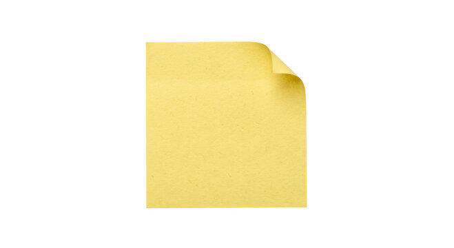 A single yellow sticky note with a curled corner on a white background