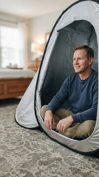 Man finding inner peace and mindful tranquility inside a reflective personal sanctuary tent