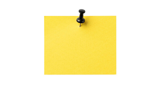 Single yellow sticky note pinned with a black thumbtack on a white background