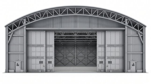 Large industrial metal aircraft hangar with open doors and arched roof design