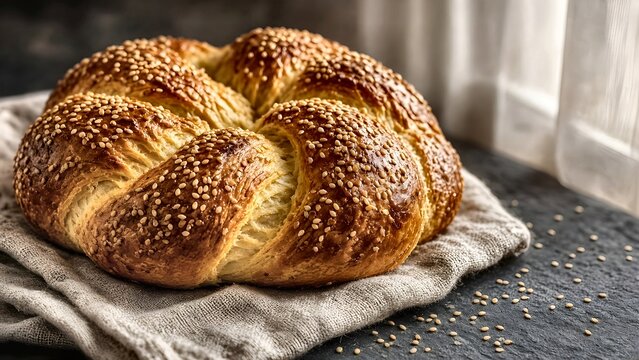 Fresh Baked Round Challah Bread with Sesame Seeds on Rustic Linen Cloth for Jewish Holiday Celebration