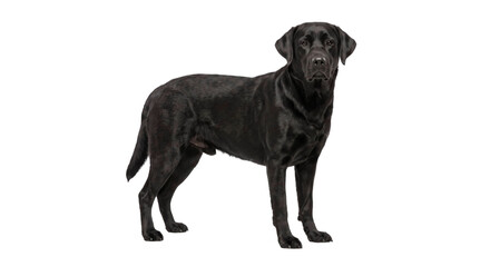 Obraz premium A sleek black Labrador Retriever stands attentively on a clean white background