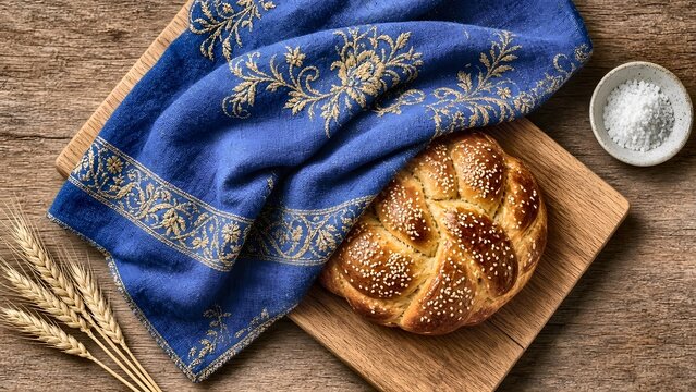 Round braided challah bread with sesame seeds, traditional embroidered blue challah cover cloth, and salt