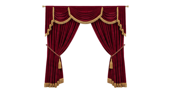 Elegant red velvet stage curtains with gold trim and tassels