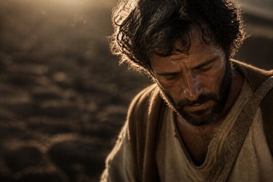 Bearded man in ancient robe looking down in contemplation. Biblical parable of the sower and spiritual reflection. Dramatic historical religious scene with copy space.