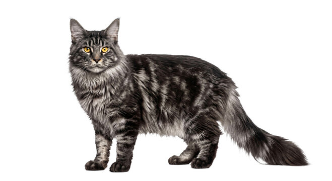 Majestic Maine Coon cat with striking silver tabby markings stands alert