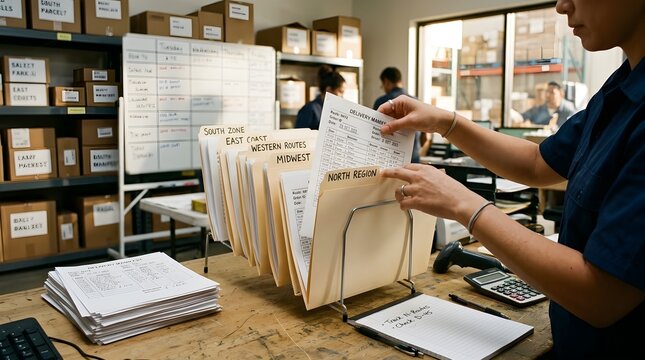 Worker Sorting Delivery Manifests into Labeled Regional Folders at Warehouse Desk
