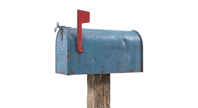 Vintage blue mailbox with red flag on weathered wooden post