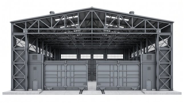 Modern industrial aircraft hangar with open steel framework and large sliding doors