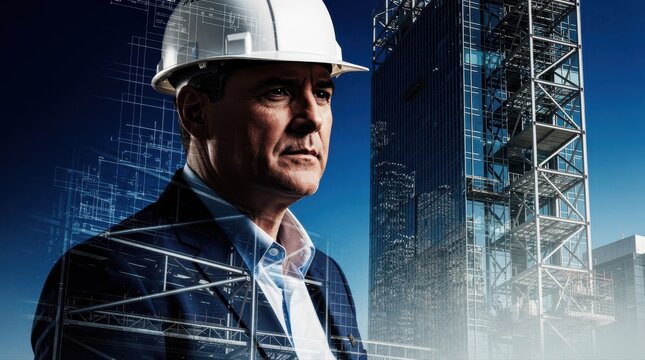 Engineer in hard hat overlaid with blueprints and skyscraper. Professional architect envisioning urban development project. Construction leadership concept for industry marketing and growth.