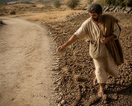 Bearded man scattering seed across rocky soil in an ancient landscape. Biblical parable of the sower symbolizing faith, spiritual growth, teaching, and hope.