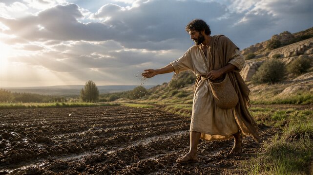 Bearded man sowing seeds across a plowed field in biblical clothing. Parable of the sower depicting faith, teaching, growth, and spiritual harvest beneath a dramatic sky.