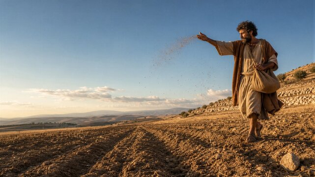 Bearded man sowing grain across a rugged field under an open sky. Biblical parable of the sower symbolizing faith, hope, spiritual growth, and purposeful cultivation.