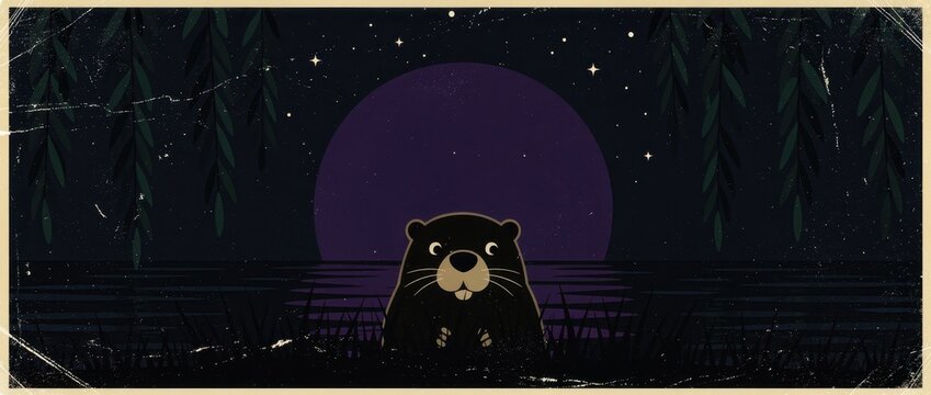 Stylized beaver illustration under a purple moon at night. Flat design vector featuring a cute rodent in a swamp. Nocturnal wildlife concept for retro children's books or web design.