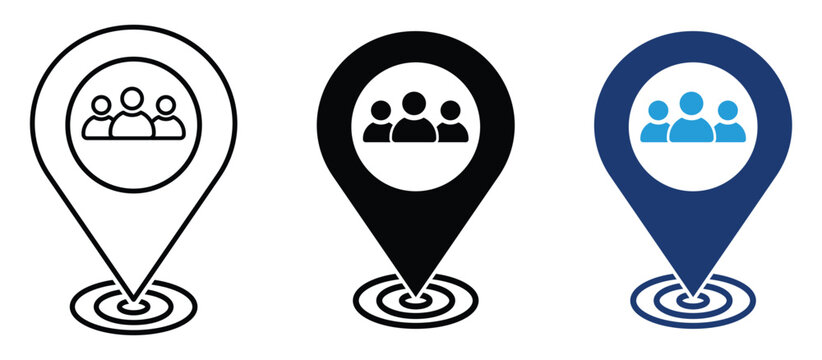 Team meeting point and community map pin icon with target audience location marker. People gathering place and demographic symbol. Vector illustration and transparent PNG.