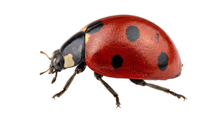 Detailed macro shot of a red ladybug with black spots on a white background © Sapphire