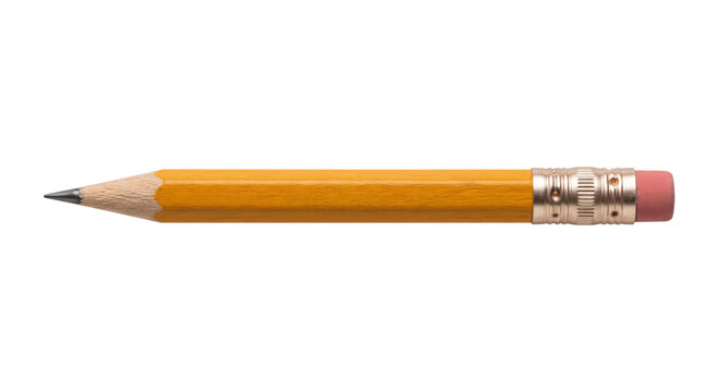Sharpened yellow wooden pencil with pink eraser and metal ferrule on white background