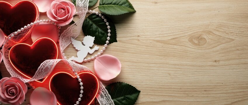 Glowing red hearts, roses, and lace on wood. Decorative cupid and pearls form a romantic border with copy space. Love and wedding concept for greeting cards and marketing.