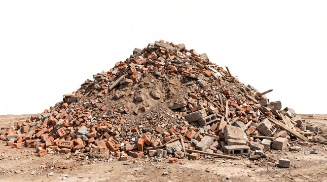 Large pile of broken bricks and construction debris on a barren landscape under clear sky