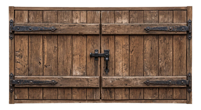 Rustic wooden double doors with antique iron hardware and weathered planks