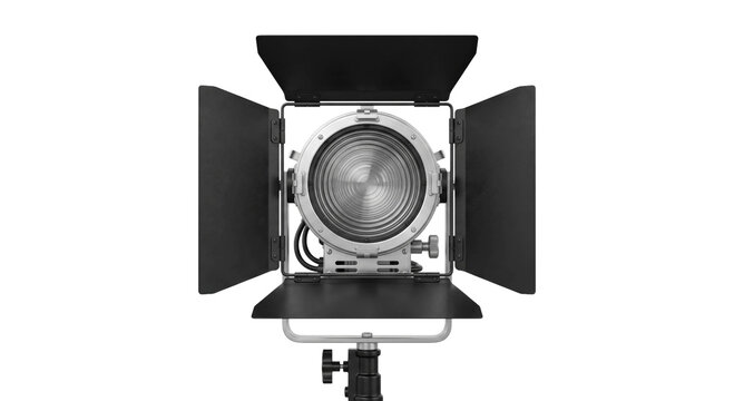 Professional film studio light with adjustable barn doors and a bright Fresnel lens