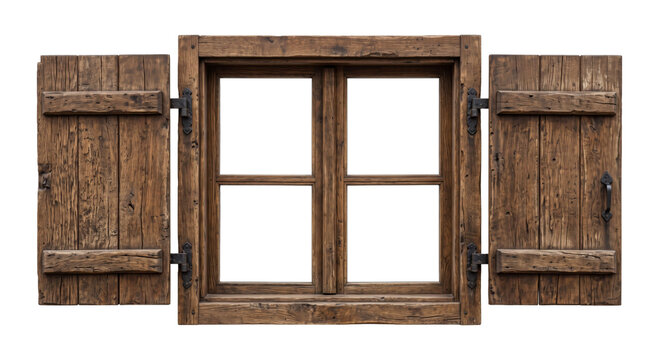 Rustic wooden window with open shutters and antique hardware