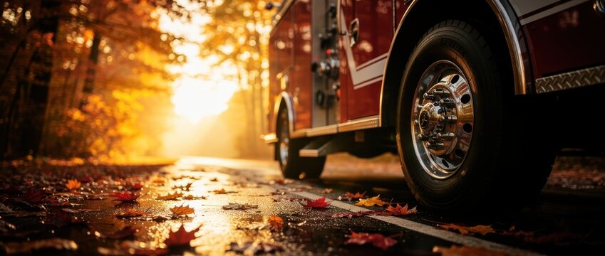 Red fire truck parked on a road with autumn leaves at sunset. Close-up of vehicle wheel and side panels against a glowing forest. Emergency service concept for fire safety and seasonal marketing.