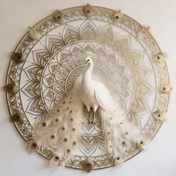 Elegant white peacock with golden ornate mandala pattern background