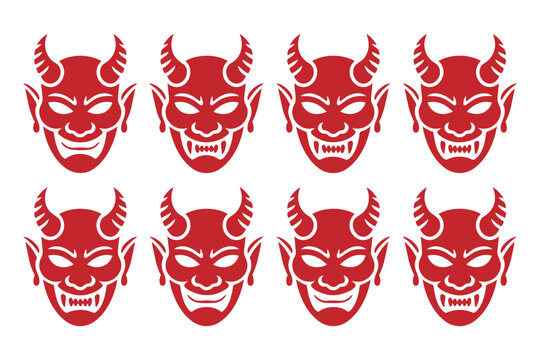 Collection of scary red devil faces with horns and expressive facial features for design
