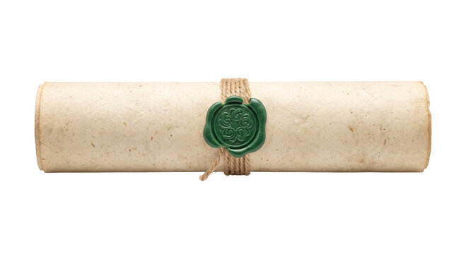 Old parchment scroll sealed with green wax and tied with twine