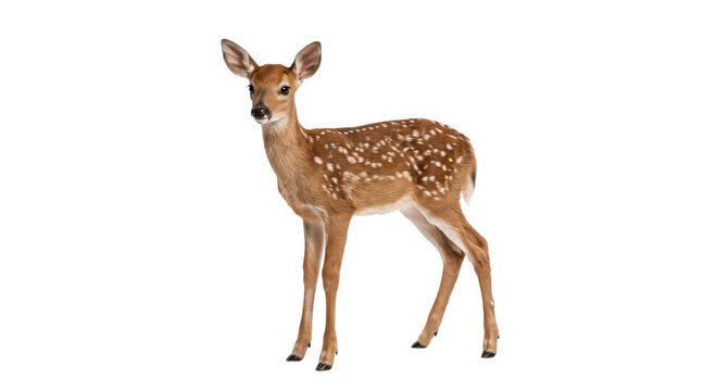 Adorable spotted fawn standing gracefully on a clean white background