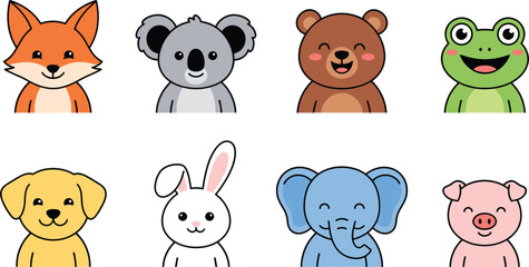 Fototapeta premium Cute cartoon animal character vector avatar set featuring friendly fox koala bear frog puppy rabbit elephant and pig icons for kids kids graphic designs.