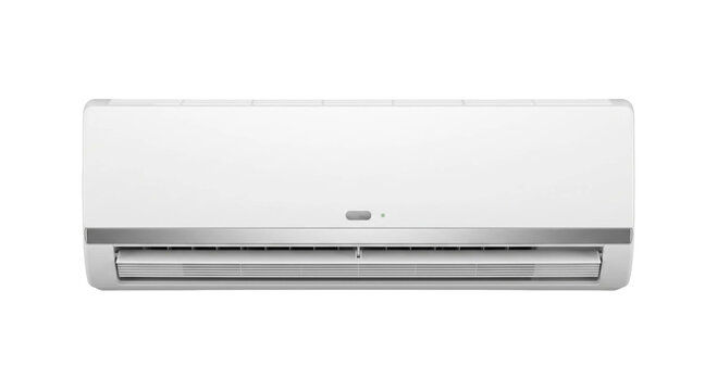 Modern white split system air conditioner unit with a sleek metallic accent strip