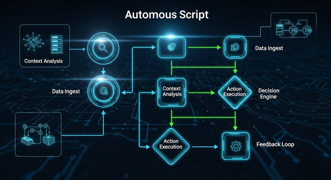 Advanced artificial intelligence software workflow displaying autonomous script pathways, logical decision engines, context analysis processes, and continuous feedback loops in a futuristic